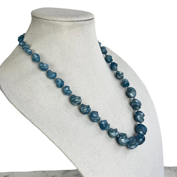 Vintage Plastic Blue and Silver Toned Beaded Necklace - Picture 10 of 15